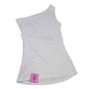 Women White Ribbed One Shoulder Sleeveless Back Cutout Stretch Tank Top Large